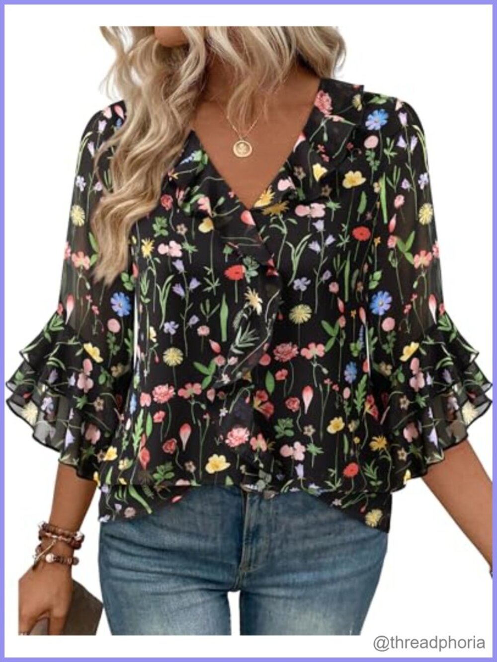 Womens 3/4 Sleeve V Neck Ruffle Chiffon Blouse Tunic Work Top